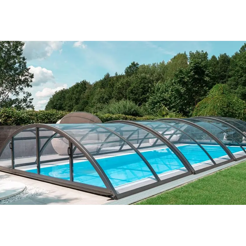 Elegant pooltak Klasik 5x10 med klar kanalplast, böjd med glas